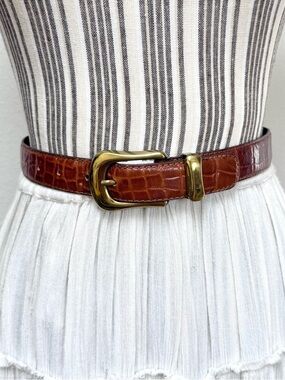 vintage 1990 liz claiborne brown croc leather belt gold buckle 90s preppy y2k